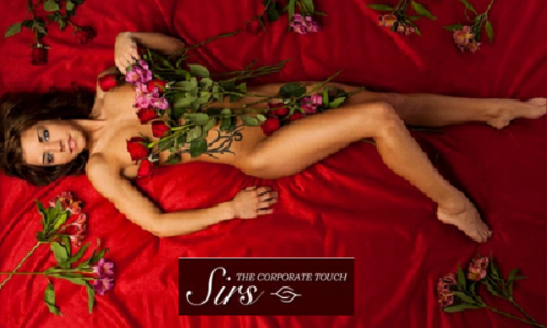 Sirs - woman covered in roses on red background